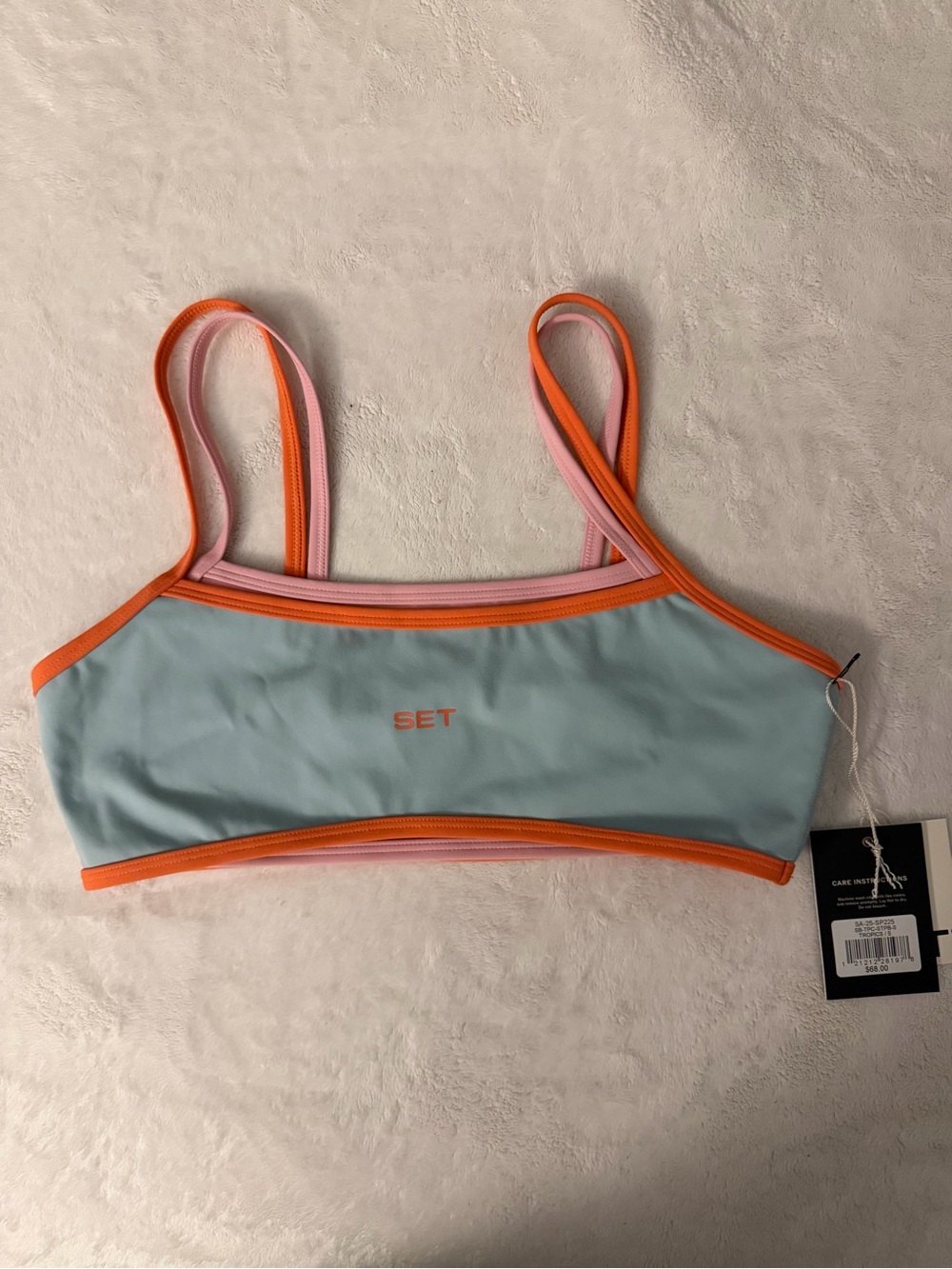 NWT SET Active Light Blue Bike Shorts and Sports Bra with Pink and Orange Trim - Picture 8 of 12